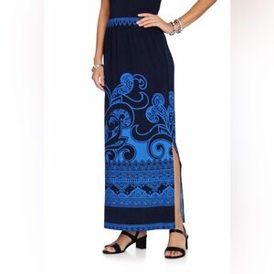 Susan Graver Liquid Knit Blue Paisley Maxi Skirt Pull On USA Made S/M Stretchy